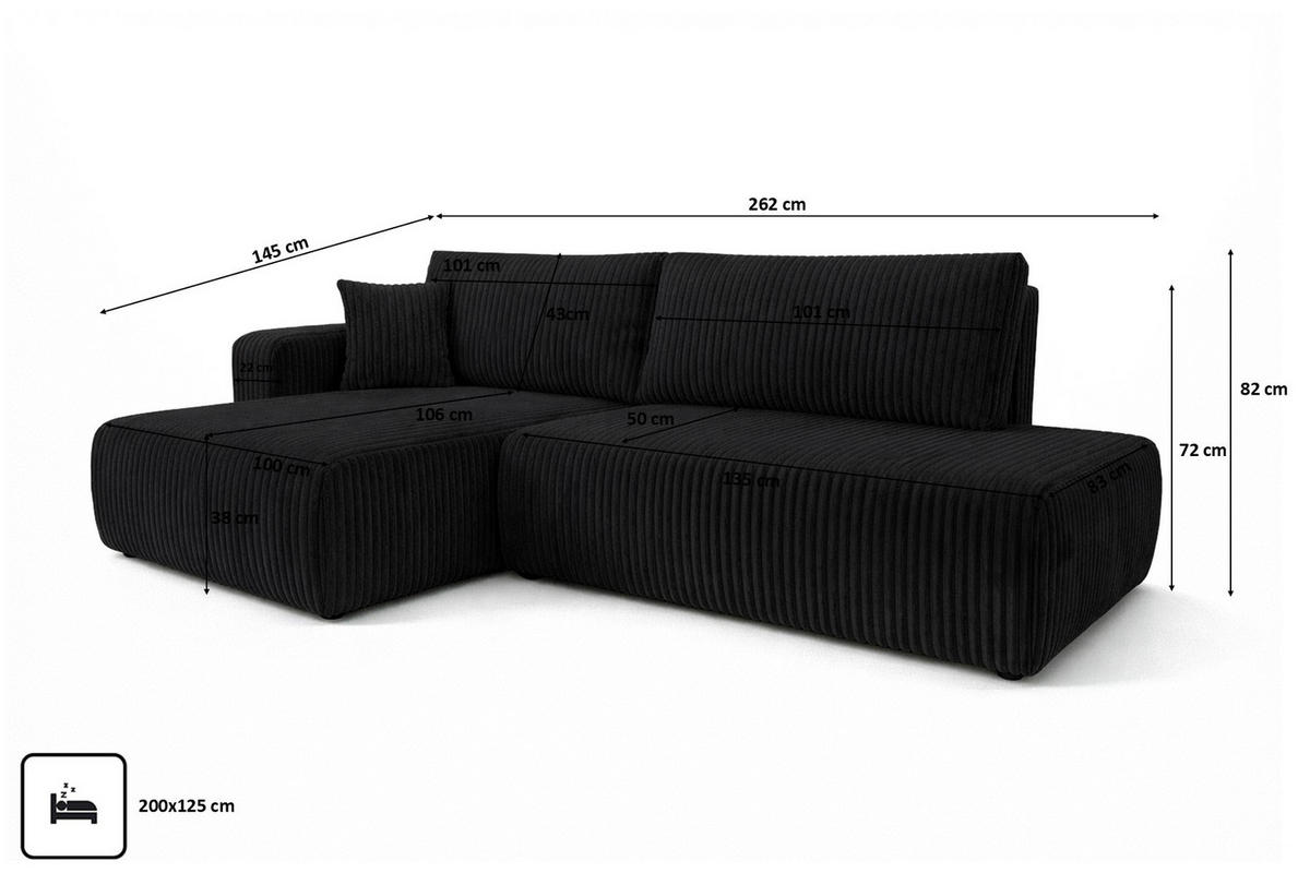 ECKSOFA Mit Schlaffunktion Und Bettkasten, Cordstoff Tilia, Schwarz, Links, OPEN XL - Schwarz, Holz (262/145cm) - Kaiser Möbel