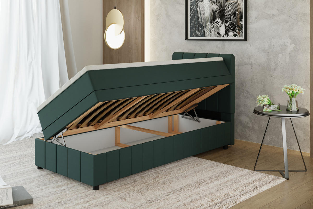 BOXBETT AVALON 90 x 200 cm mit Bettkasten und Topper - Dunkelgrün - Dunkelgrün, Holz - Panda Möbel