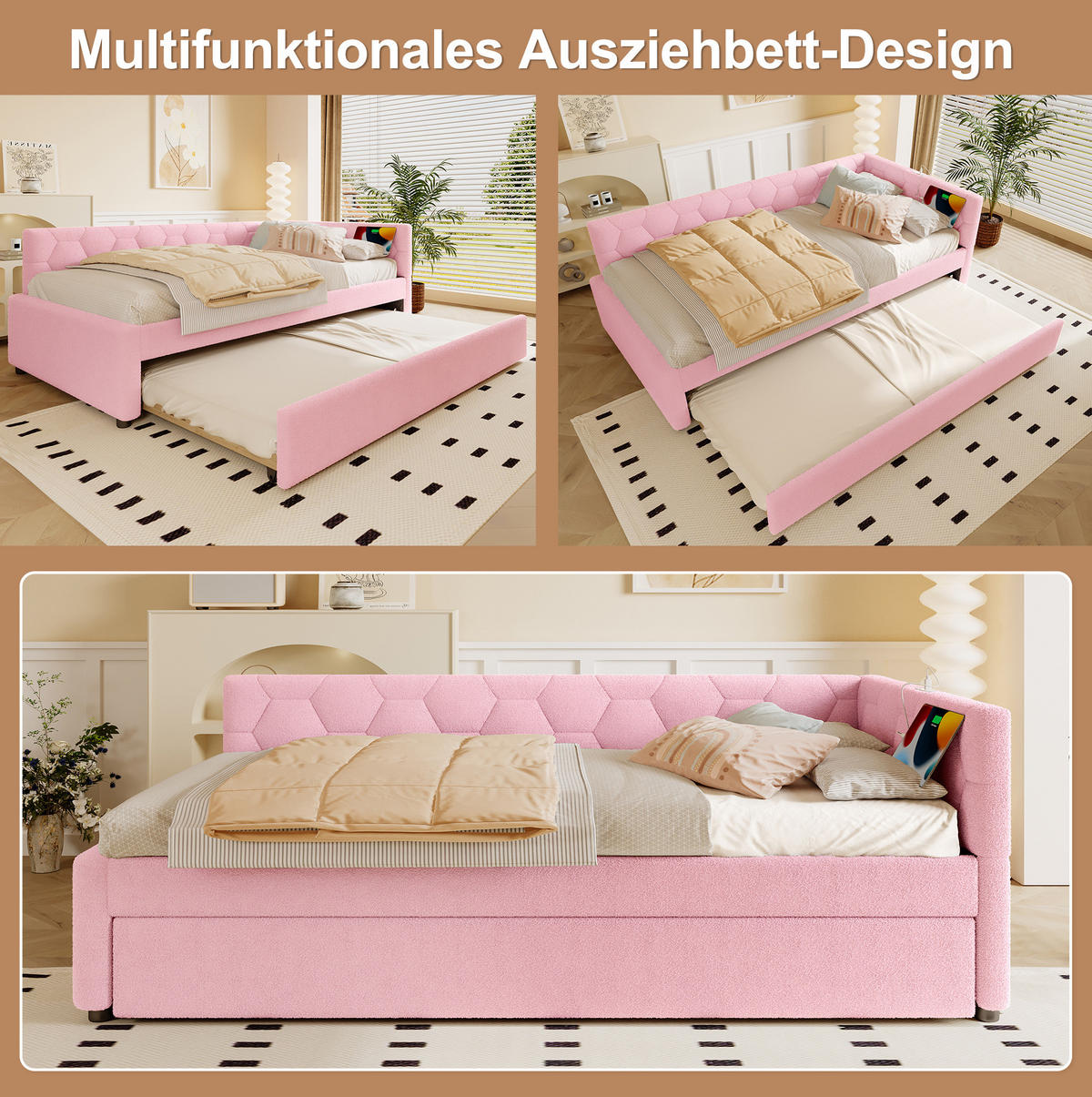 POLSTERBETT 90/200 cm Rosa aus Boucle mit Ausziehbett - Rosa, Textil (90/200cm) - OKMYHOME