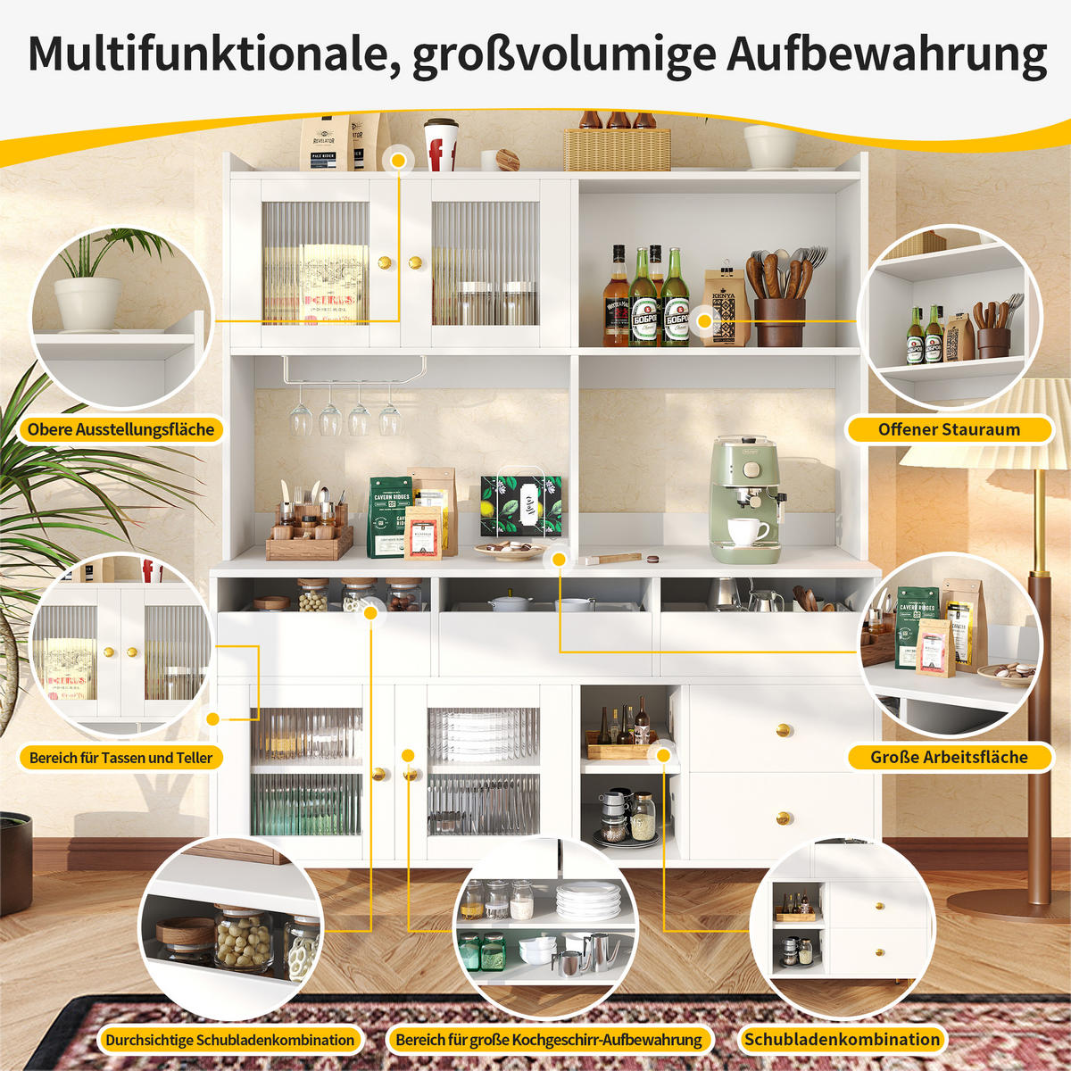 BUFFET 145/39/171 cm weiß aus MDF mit Glastür & Weinregal - Weiß, Holzwerkstoff (145/171/39cm) - OKWISH