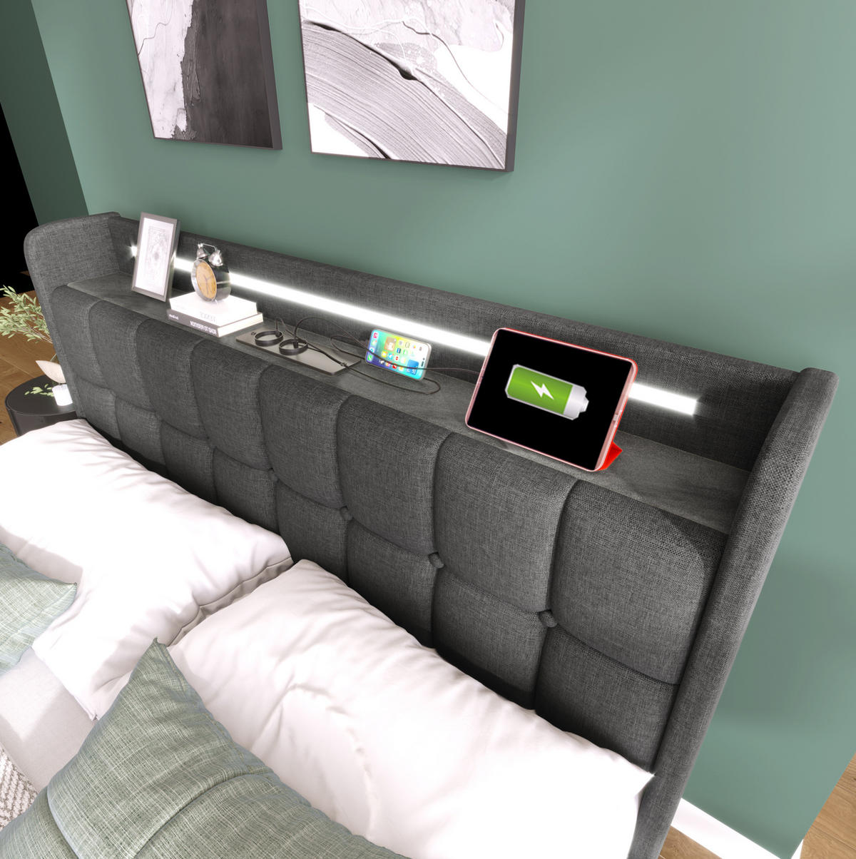 ČALOUNĚNÁ postel 160/200 cm šedá ze dřeva s LED, USB nabíjením, 4 zásuvkami a matrací - šedá, kompozitní dřevo (160/200cm) - OKWISH