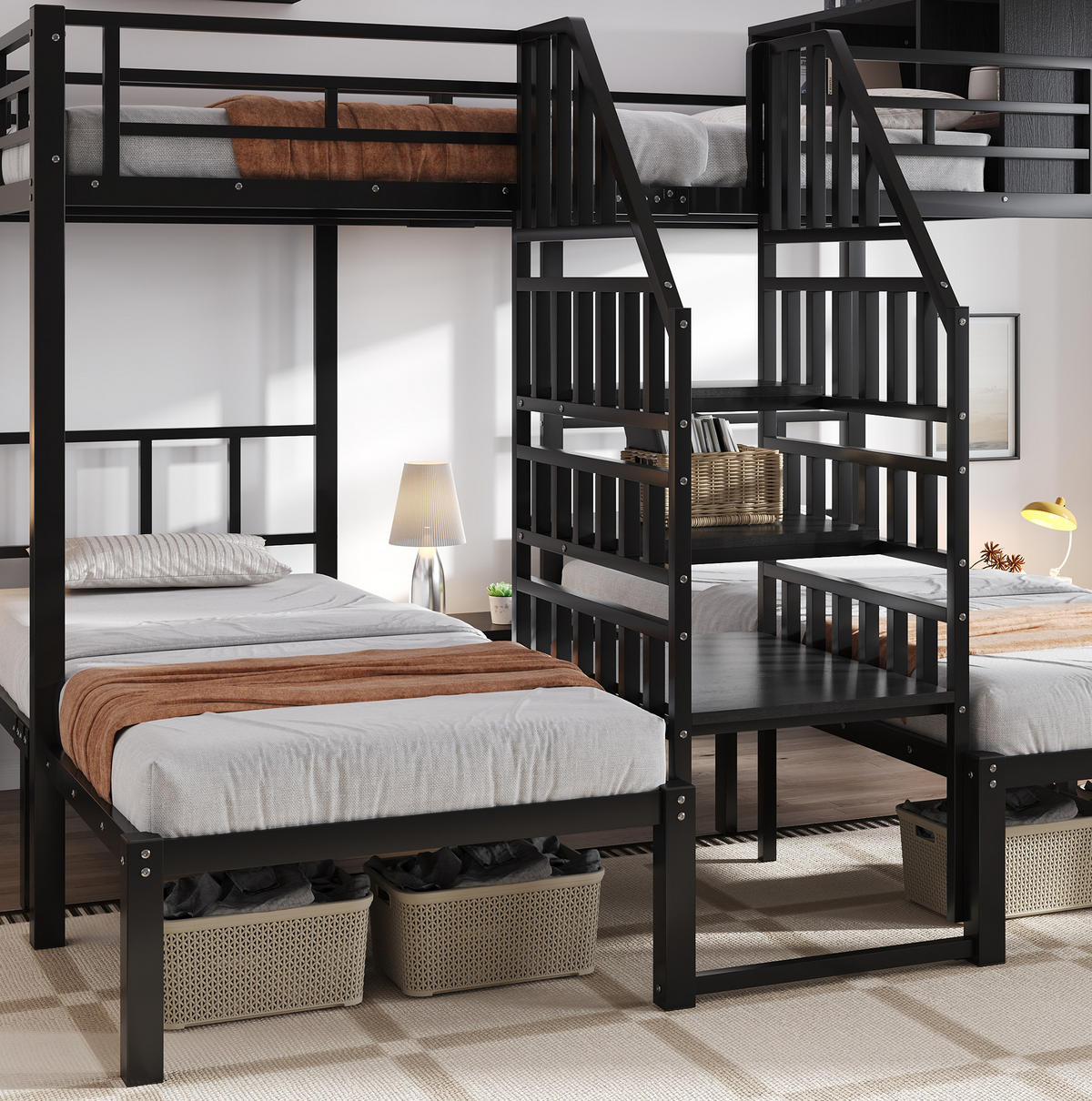 ETAGENBETT 90/200 & 140/200 cm in Schwarz mit Treppe und Stauraum - Schwarz, Metall (90/200cm) - OKMYHOME