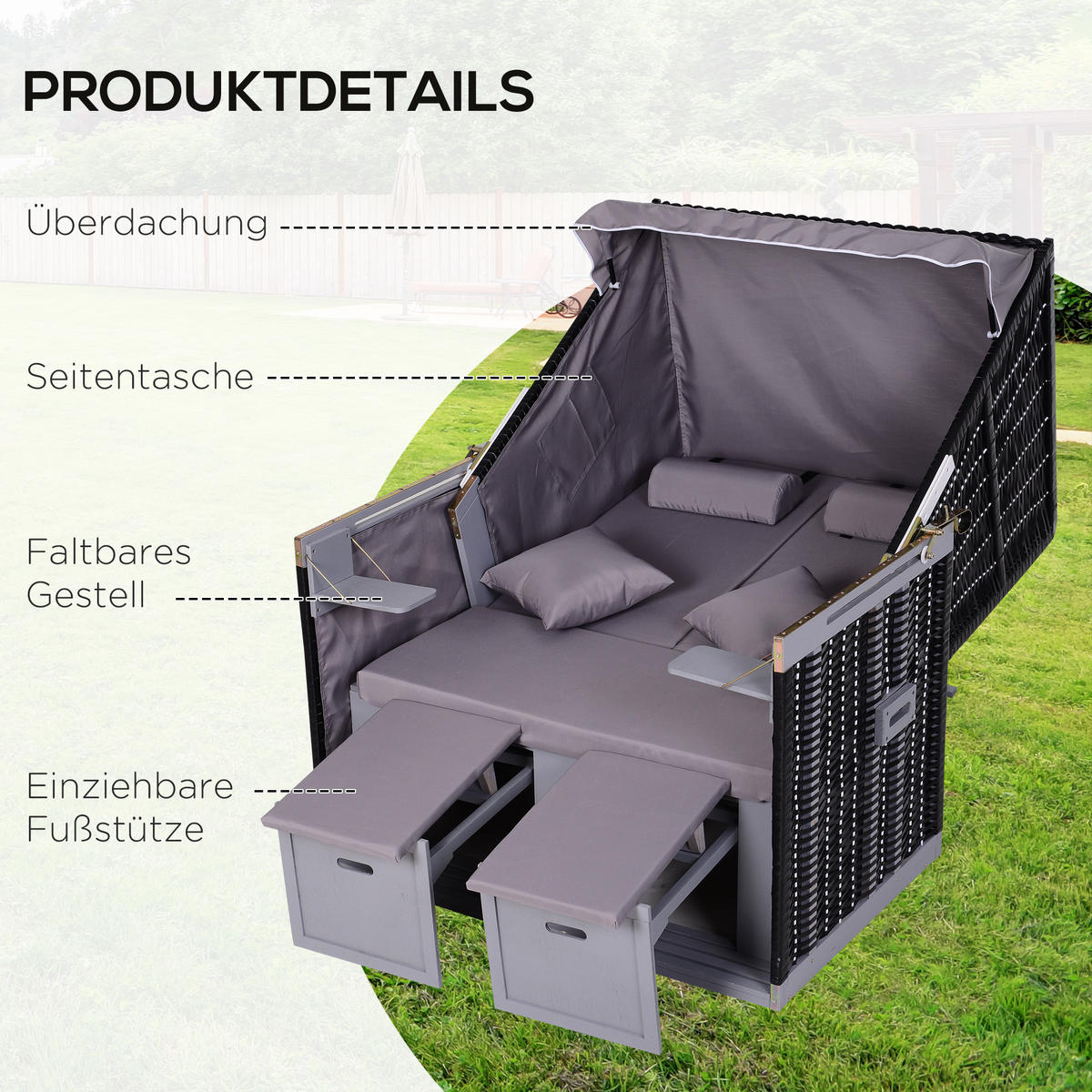 GARTENLIEGE PE Rattan Grau 118 x 79 x 50 cm - Grau, Kunststoff (79/150/118cm) - Outsunny