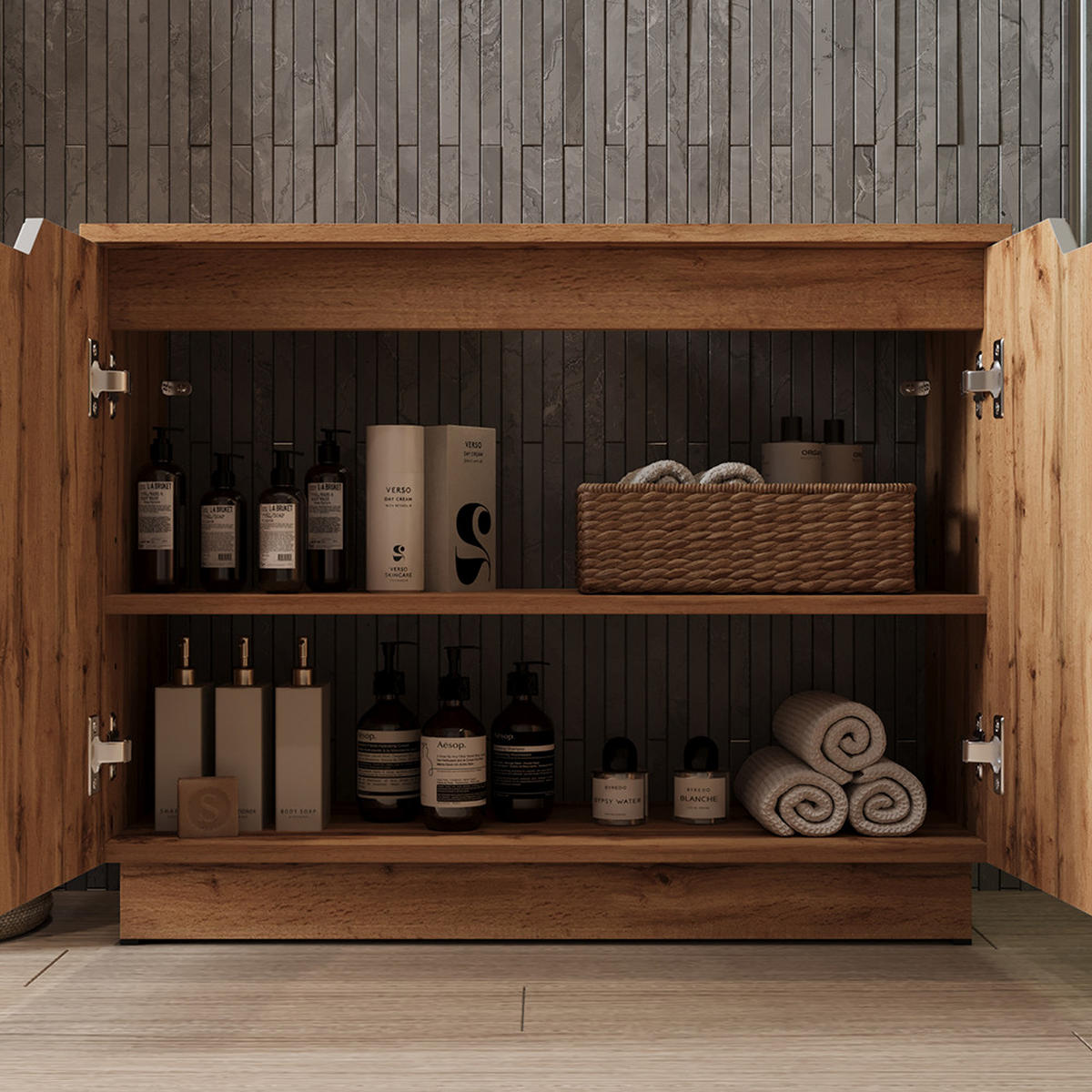 BADMÖBEL-SET Lotta Eiche/Grau mit Kachelstruktur 4 Teile - Eichefarben/Grau, Holzwerkstoff (79.6/62.1/32cm) - Vicco