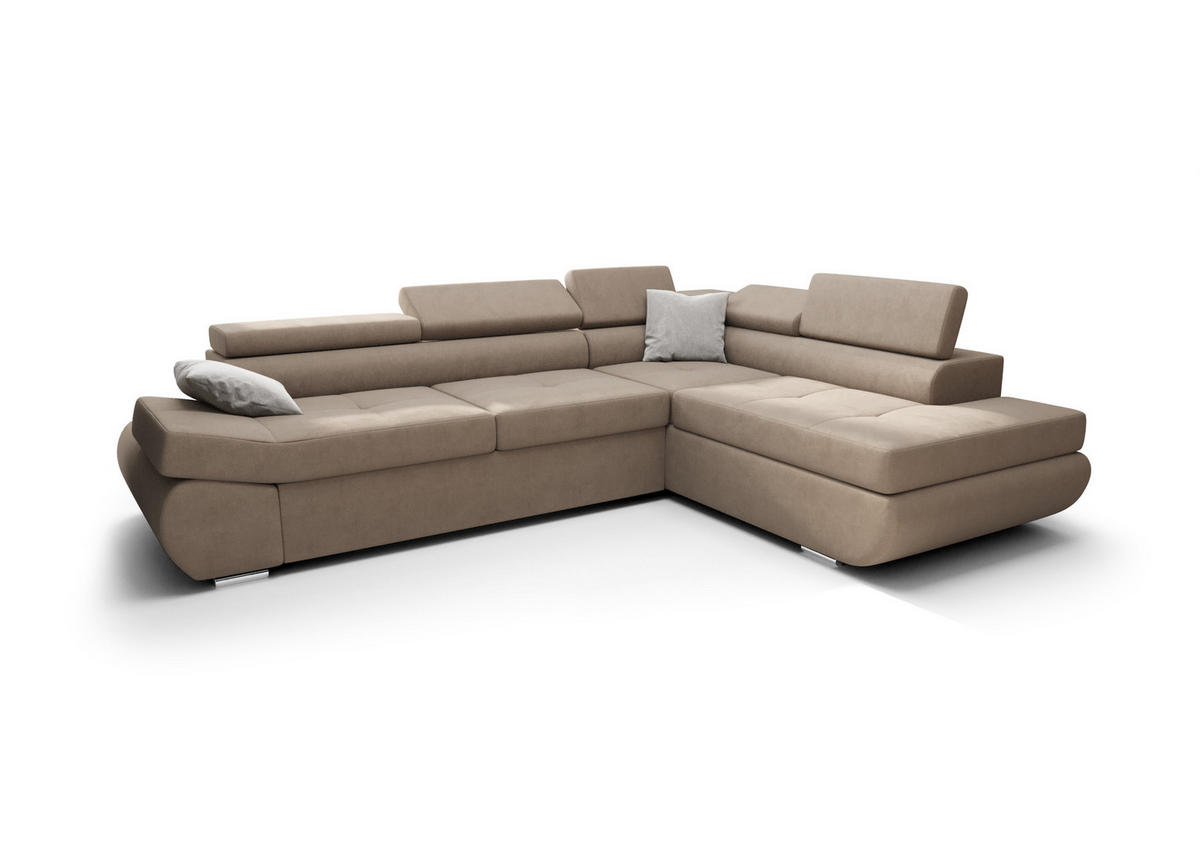 ECKSOFA KONGO RBN03, Eckcouch in L-Form mit Schlaffunktion, Farbe: Beige, Velourstoff, Ottomane Rechts - Beige, Textil (280/200cm) - O-Sofa