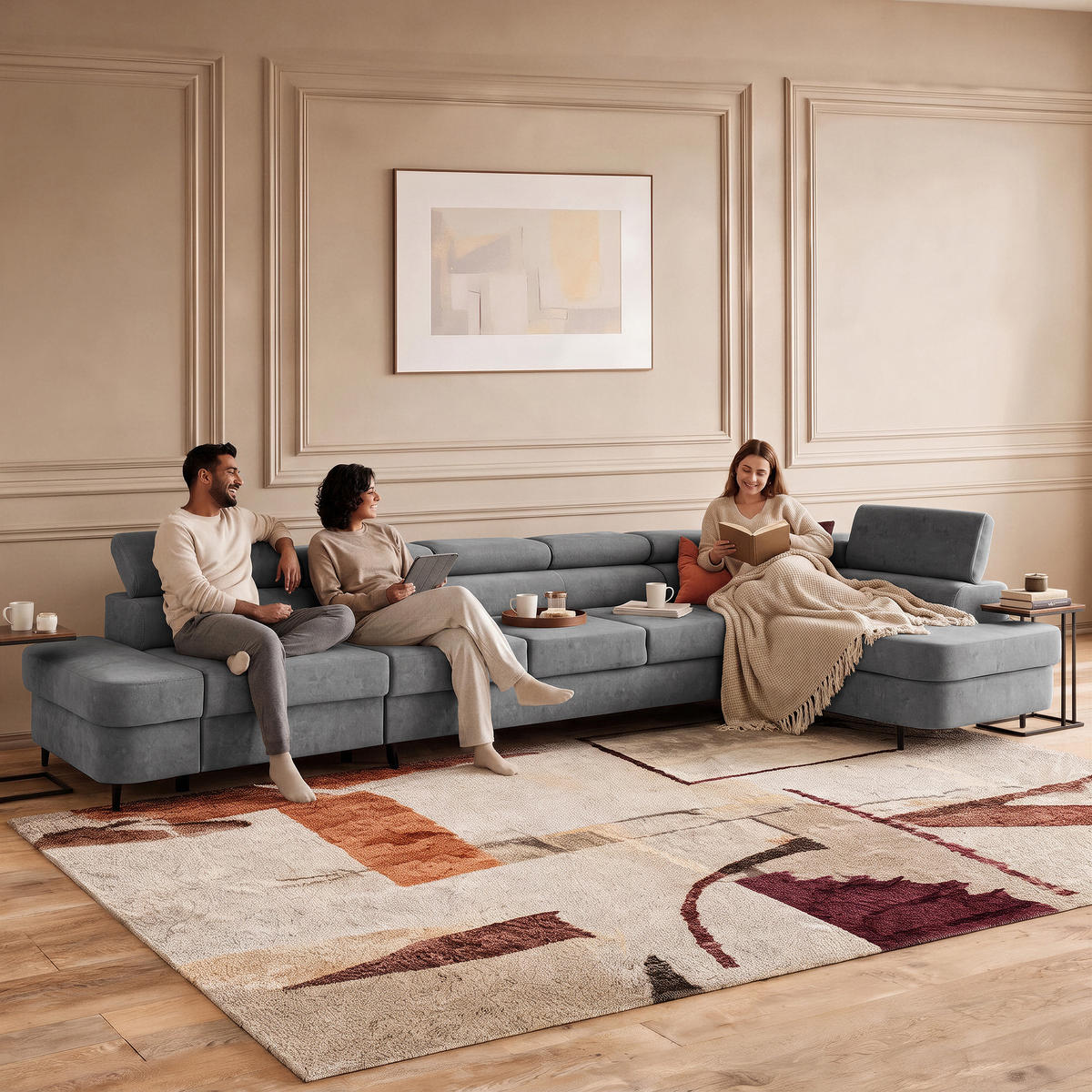 ECKSOFA PRIAM XXL L-Form Rechts mit Schlaffunktion 125x265 Velours Grau - Schwarz/Grau, Holz/Textil (420/203cm) - Muffo