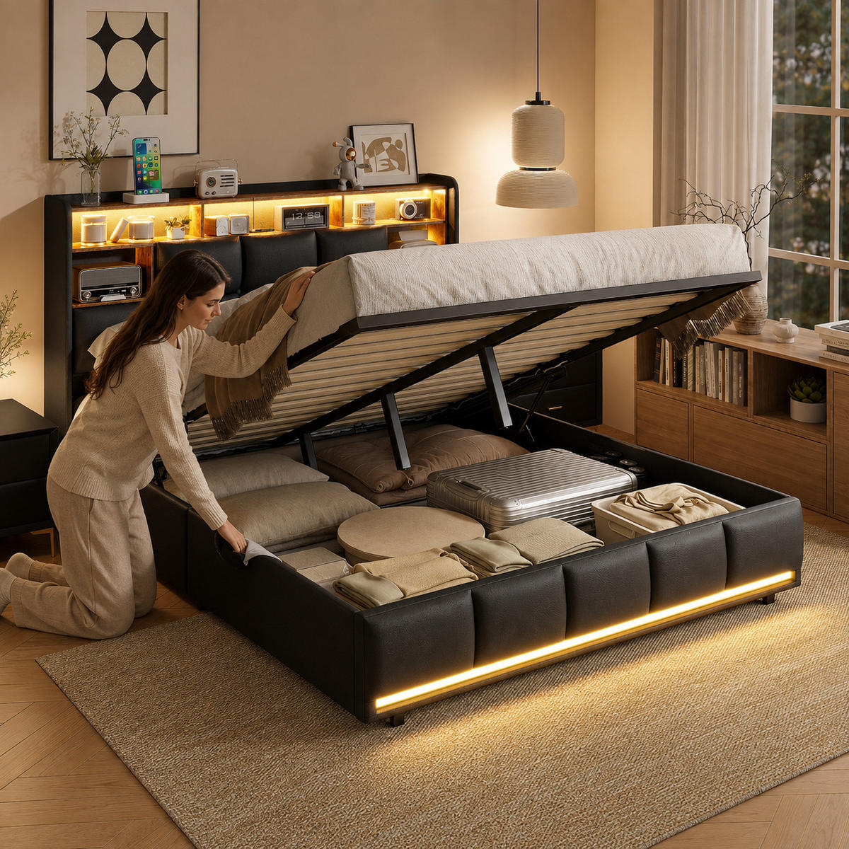 POLSTERBETT 140/190 mit Warmton-LED-Beleuchtung, multifunktionalem Stauraumkopfteil und Lade-USB, Schlafzimmer Polsterbett - Schwarz, Holz/Metall (140/190cm) - Joyfair