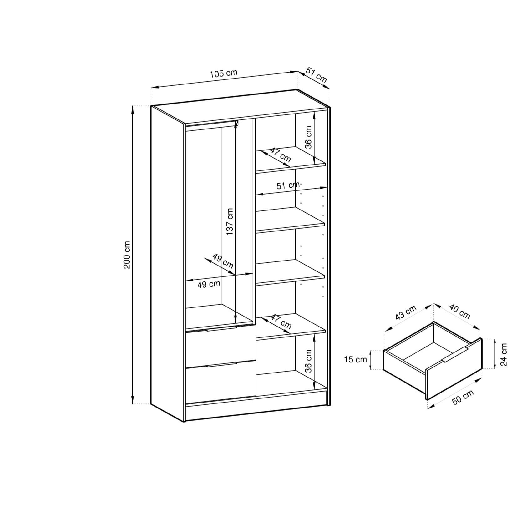 Thumbnail - Masseno Drehtürenschrank, Grau, Holzwerkstoff, 4 Fächer, 2 Schubladen, Rechteckig, 105x200x51 cm, Schlafzimmer, Kleiders...