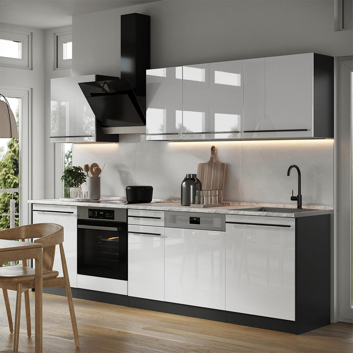 KÜCHENZEILE R-Line, Weiß Hochglanz/Anthrazit, 280 cm ohne Arbeitsplatte - Weiß Hochglanz/Anthrazit, Holzwerkstoff (280/206.8/46cm) - Vicco