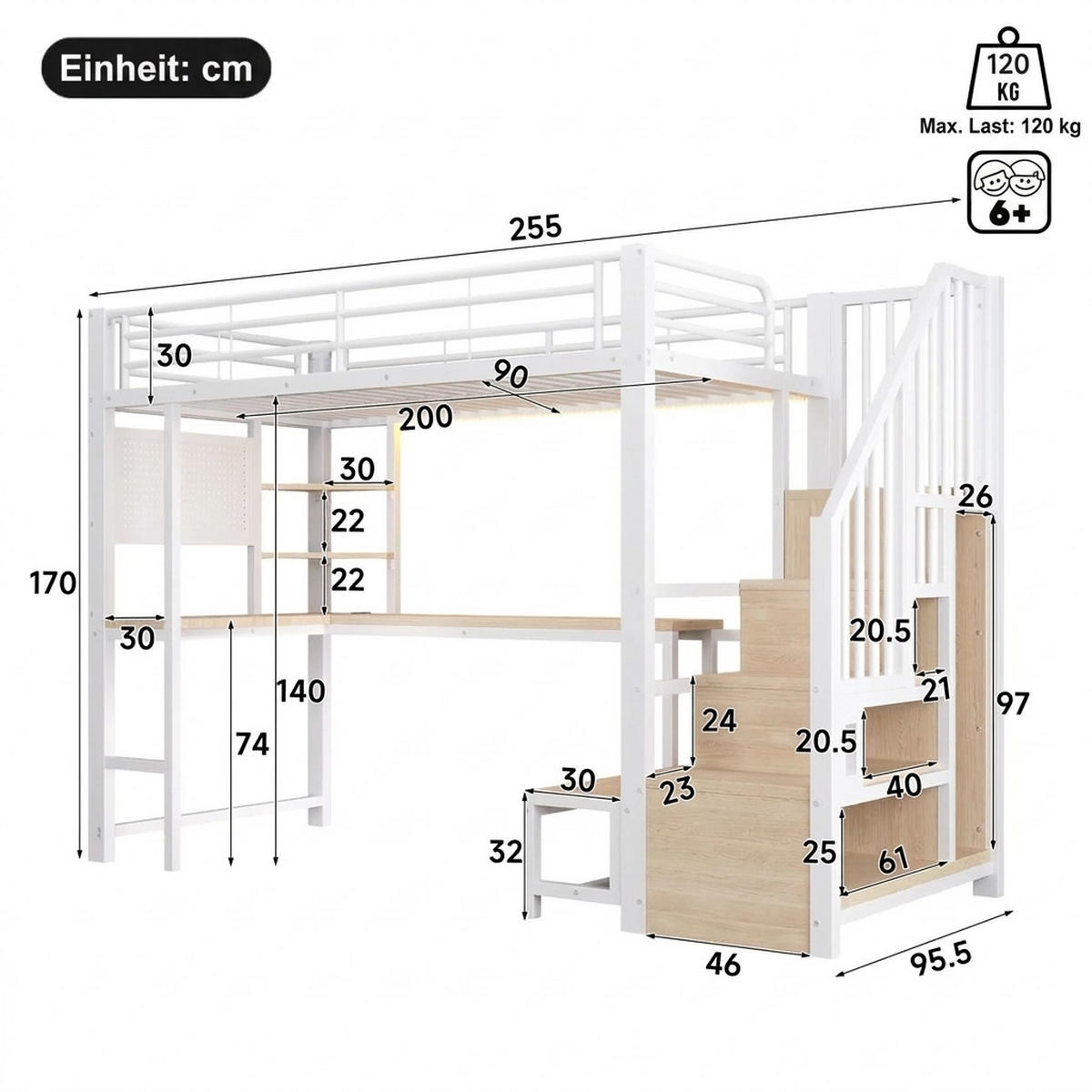 HOCHBETT 90/200 cm Weiß mit Schreibtisch, trapezförmiger Schrank und LED-Beleuchtung - Weiß, Metall (90/200cm) - Oxeza