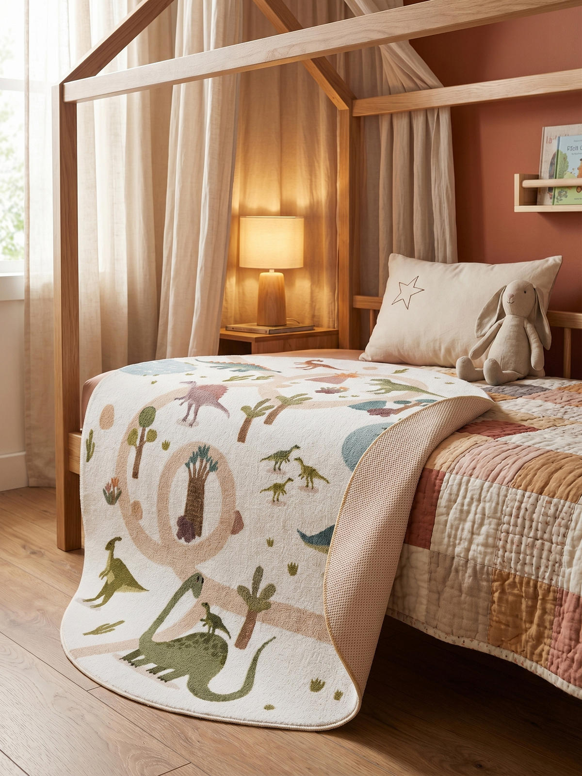 KINDERTEPPICH Kurzflor Dinosaurier-Landschaft Waschbar OEKO-TEX Spielteppich Jungen Mädchen Rund Creme 200x200 – TINO - Creme, Textil (200/200cm) - KADIMA DESIGN