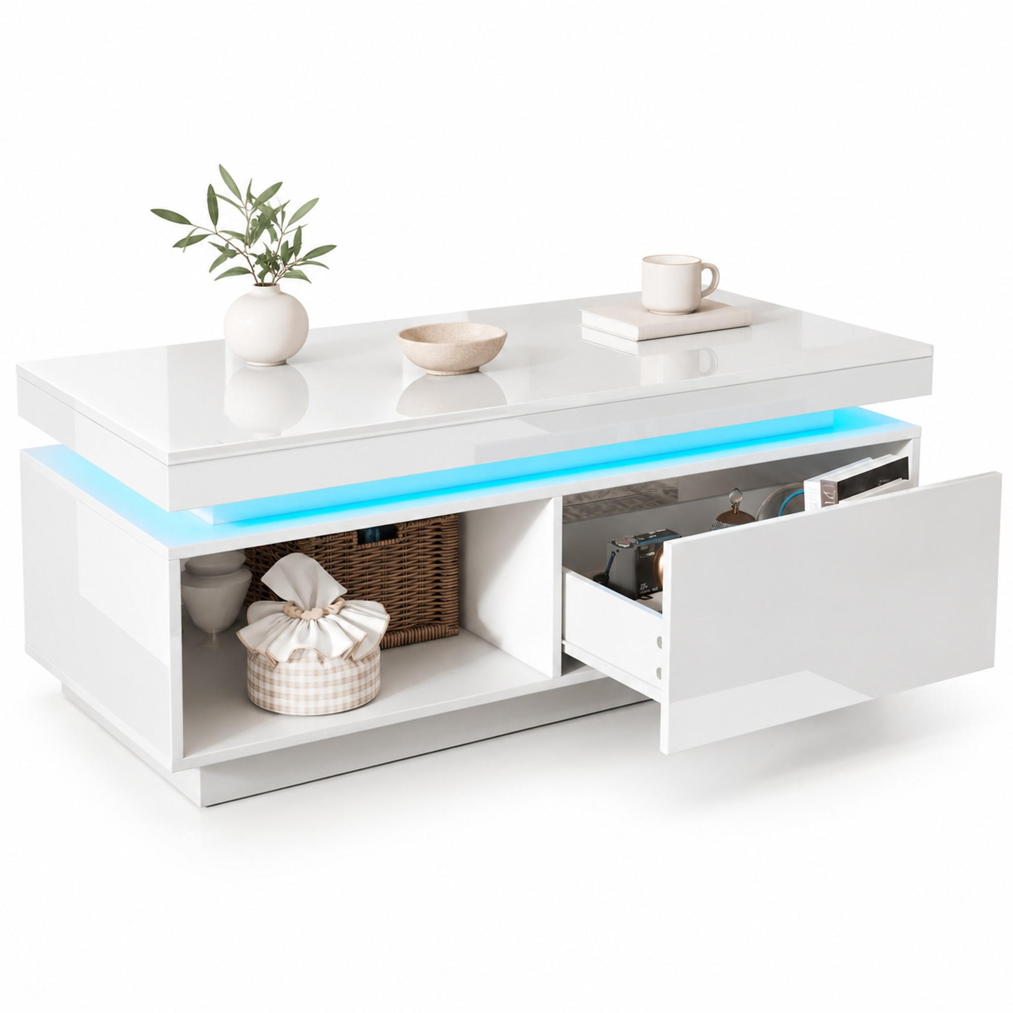 COUCHTISCH aus Spanplatte 100x50x40,3 cm Weiß mit LED-Beleuchtung und Schublade - Weiß, Holzwerkstoff (100/50/40.3cm) - IVMEU