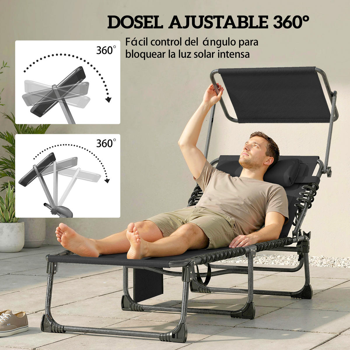 RELAXSESSEL-SET mit Kopfstütze und Sonnenschutz, Doppelsessel in Schwarz - Schwarz, Metall (57/30/190cm) - Vallsero