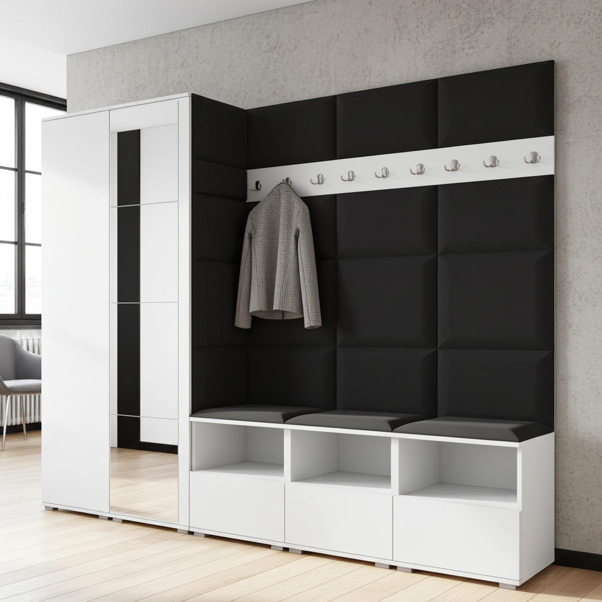 GARDEROBE NELA VII 250 cm (Modulare Flurmöbel XL Weiß mit Spiegel & Sitzpolster Schwarz 16 Universell) - Silberfarben/Schwarz, Holz/Holzwerkstoff (250/187/40cm) - Ravio