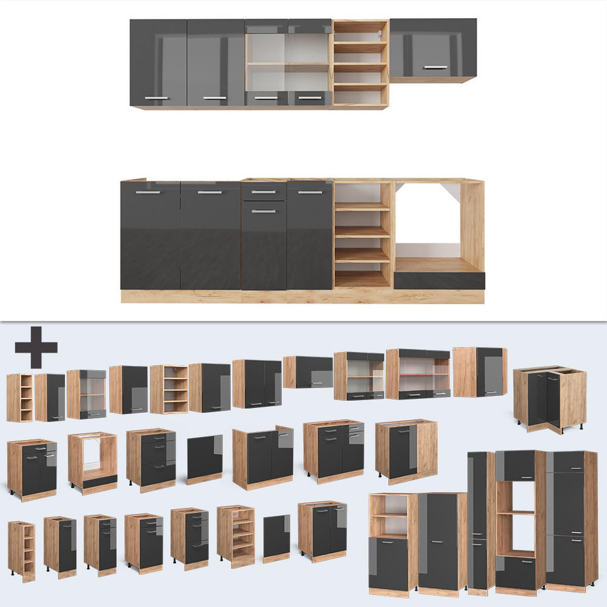 KÜCHENZEILE R-Line Anthrazit Hochglanz/Goldkraft Eiche 240 cm AP Eiche - Anthrazit/Eiche Wotan, Holzwerkstoff (240/81.6/60cm) - Vicco