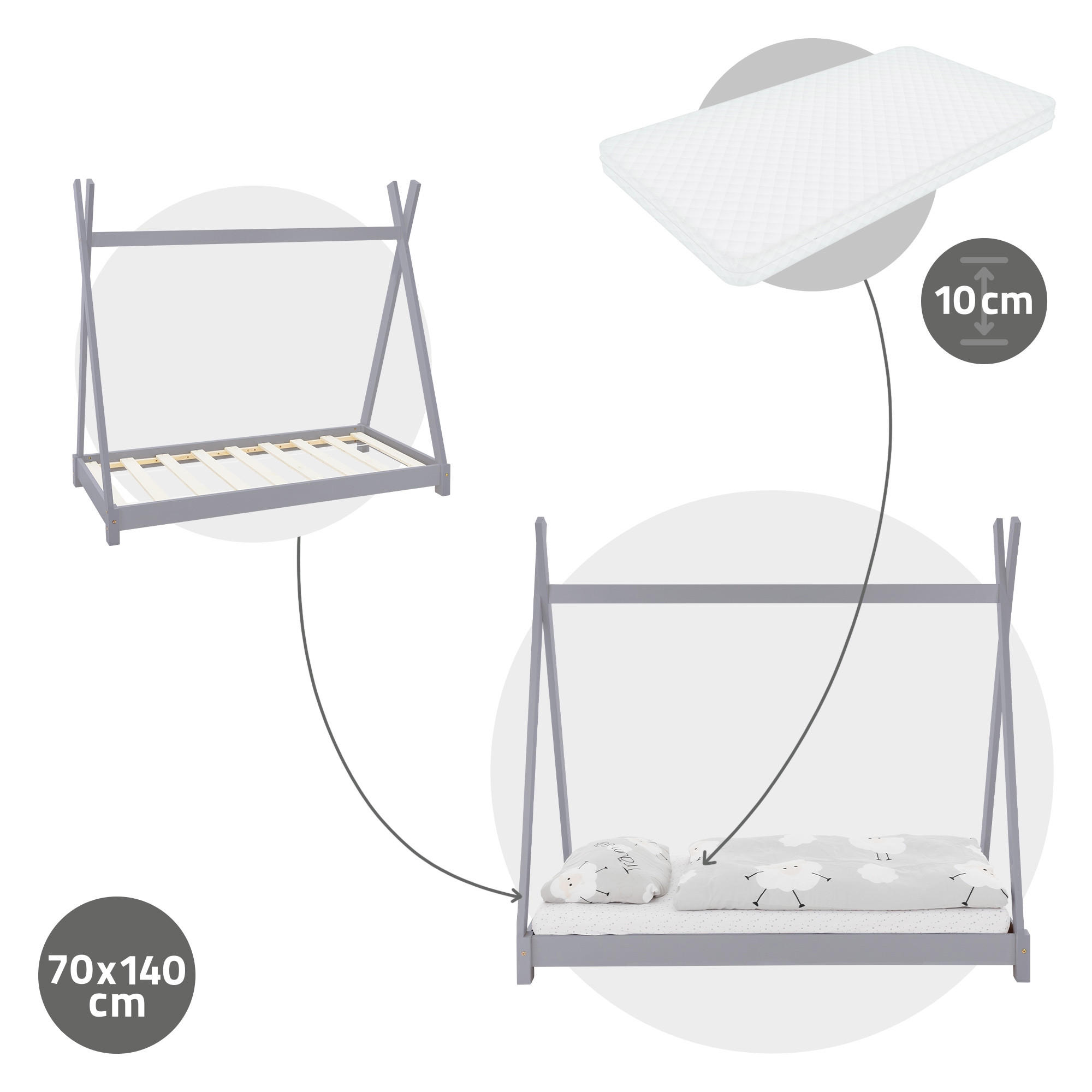 KINDERBETT Tipi mit Matratze 70x140 cm Hellgrau - Hellgrau, Holz (70/140cm) - ML-DESIGN