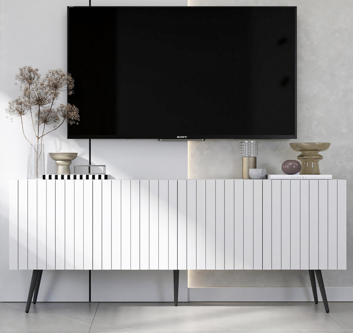 TV-SCHRANK Elpis Weiß Matt mit Metallbeine Glamour 150 cm - Schwarz/Weiß, Holzwerkstoff/Metall (150/60.5/36.5cm) - Meble Lindner