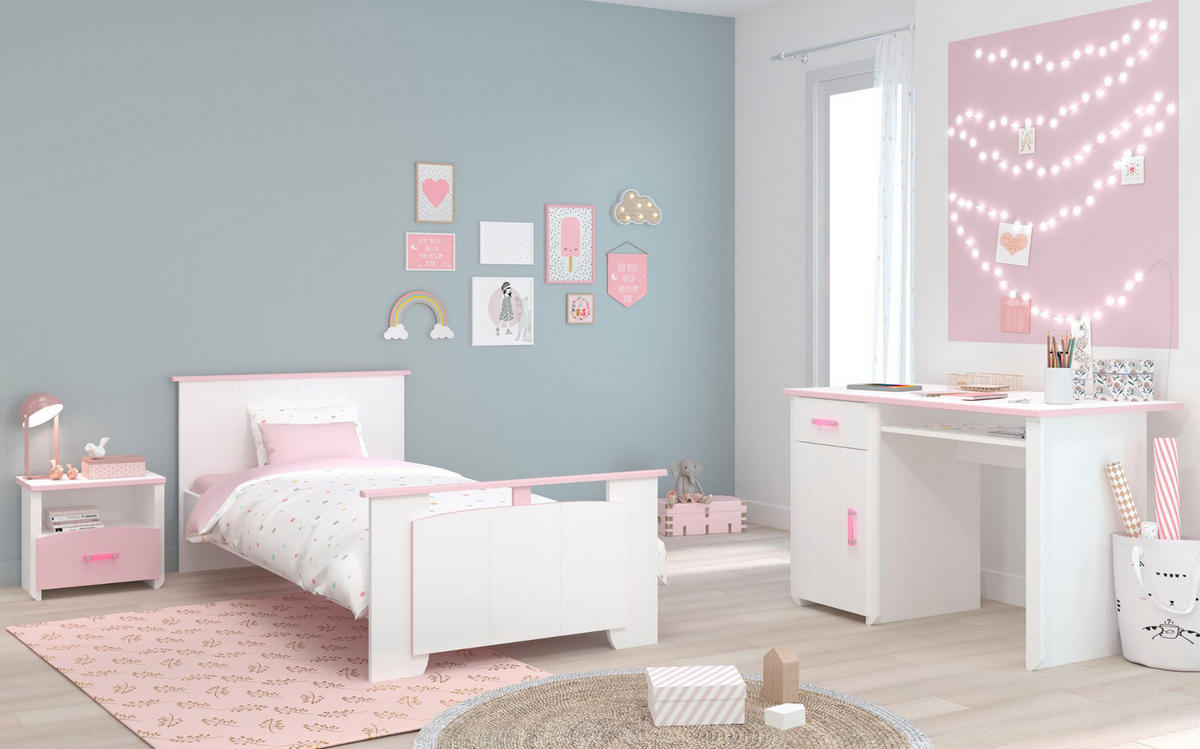 KINDERZIMMER Set 3-tlg Schreibtisch Nachttisch Bett 90 x 200 cm - Multicolor/Altrosa, Holz/Holzwerkstoff (160/79/200cm) - Parisot Meuble
