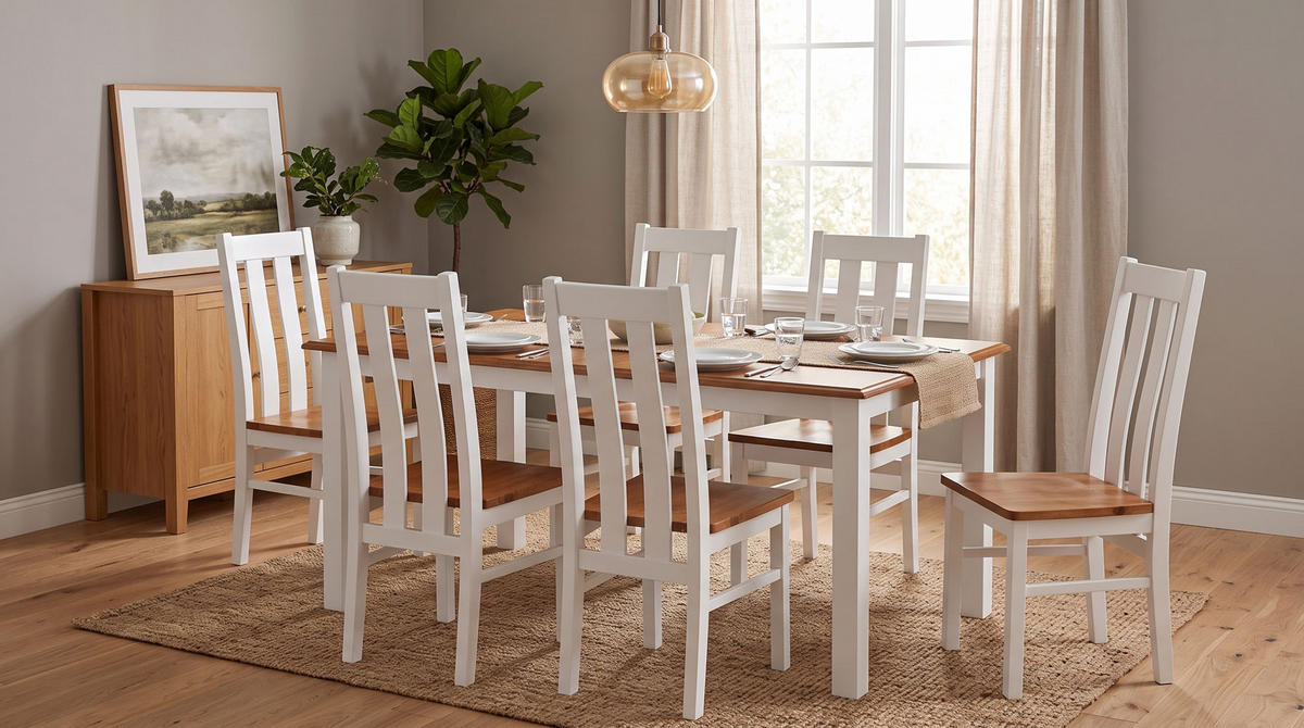 ESSZIMMER-SET Belluno Elegante 7-tlg Kiefer Weiß / Gebeizt Eiche 150-197 / 93 / 96cm - Eichefarben/Weiß, Holz (197/96/93cm) - Feldmann-Wohnen