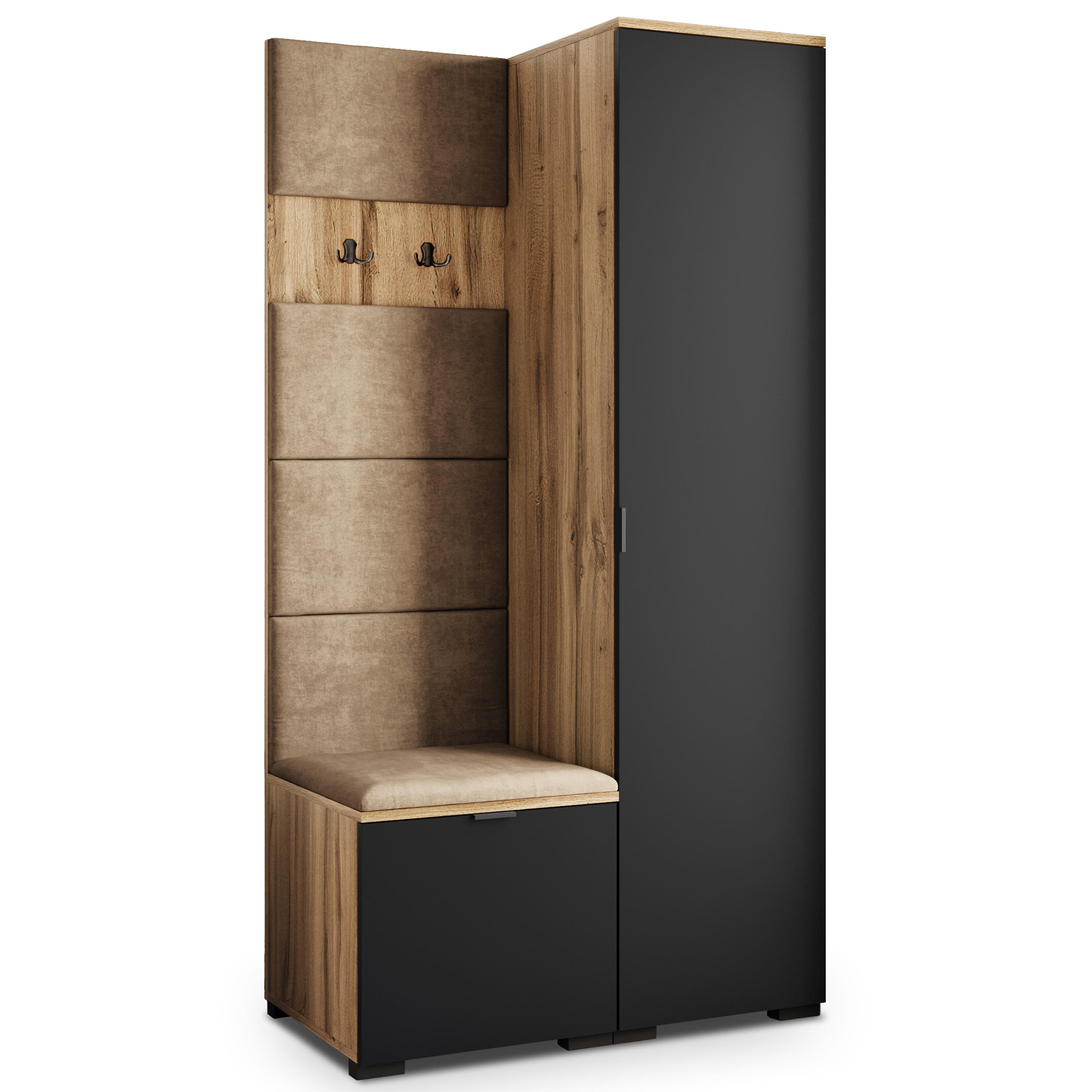 Masseno Garderobenschrank Eiche Wotan, Schwarz, Mokka 95x181x51 cm