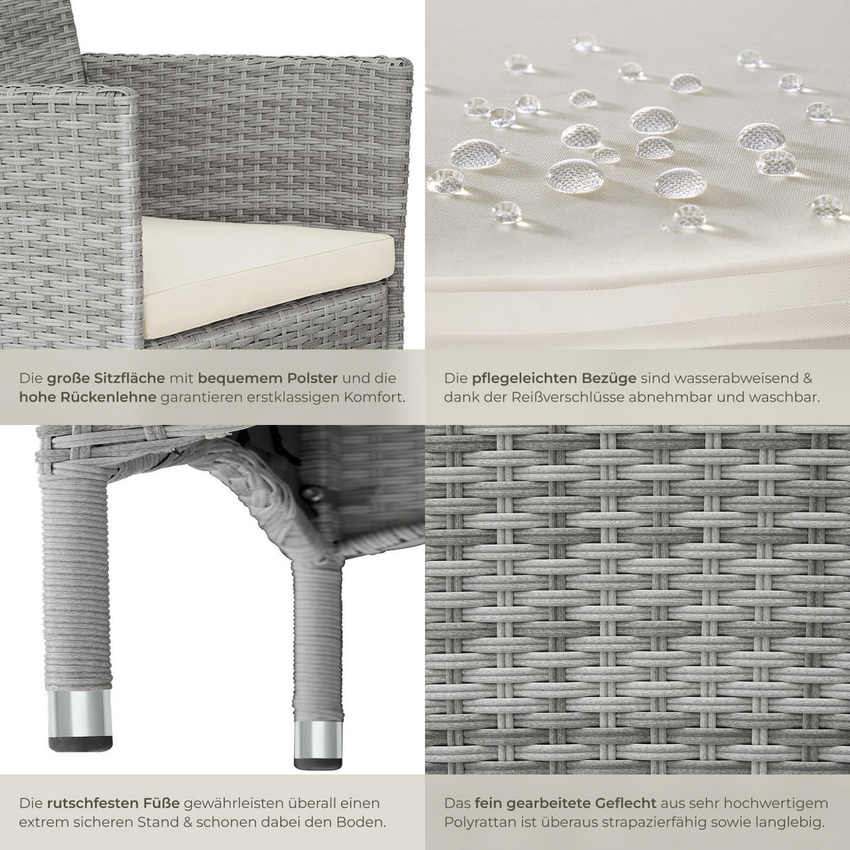 RATTANSTUHL 2er Set Nantes,59 x 57 x 85 cm,hellgrau/creme - Hellgrau/Creme, Kunststoff (57/85/59cm) - tectake