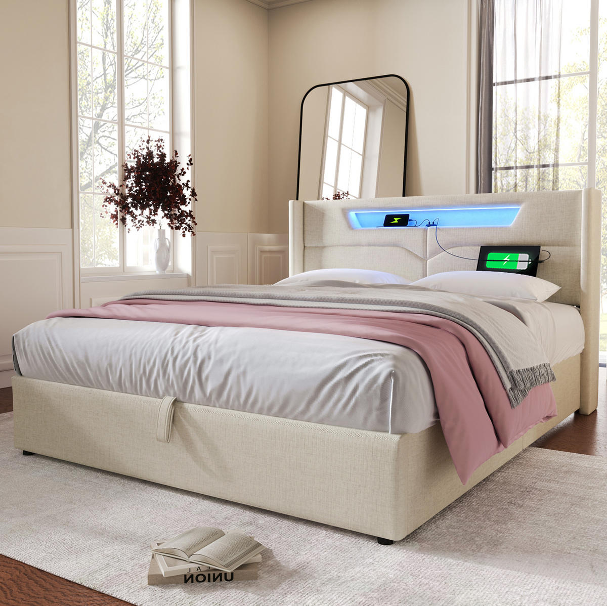 POLSTERBETT 160/200 cm mit LED-Beleuchtung, USB-C, Bettkasten und Matratze aus Leinenstoff，Beige - Beige, Textil (160/160cm) - Redom