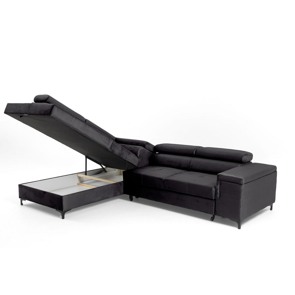ECKSOFA WILLIAM L Links mit Schlaffunktion 127x195 Velours Schwarz - Silberfarben/Schwarz, Holz/Textil (275/203cm) - Muffo