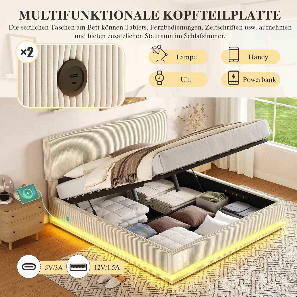 POLSTERBETT 140x200 cm LED USB Stauraum beige - Beige, Textil (140/200cm) - LEBENLANG