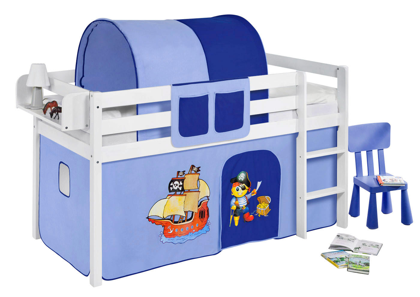HOCHBETT JELLE mit Pirat blau Vorhang - Kinderbett - Weiß, Holz - Lilokids