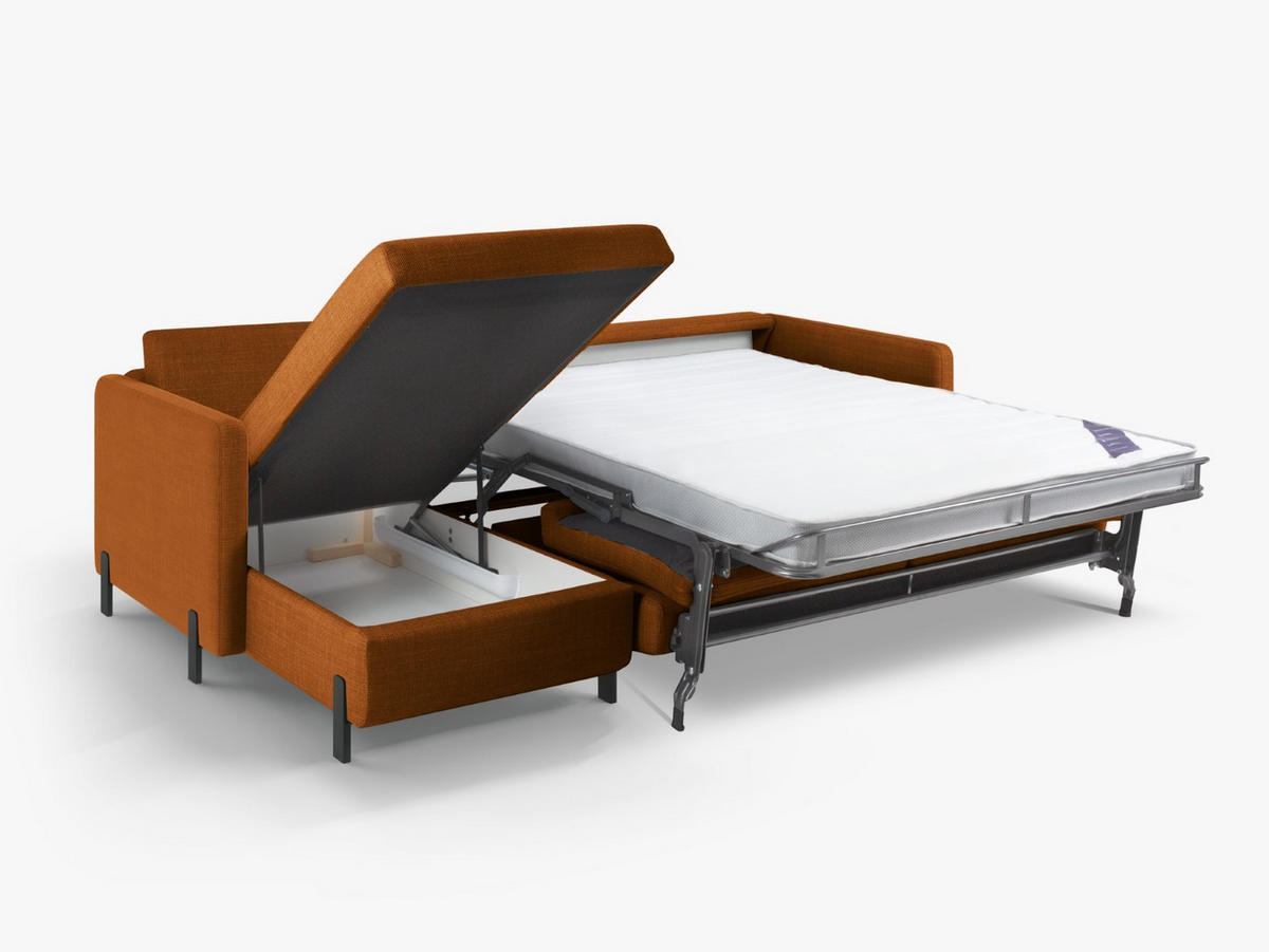 ECKSOFA ausklappbar links mit Container Gloria aus strukturiertem Stoff ziegelrot 4 Sitzplätze - Orange, Textil (260/170cm) - Micadoni