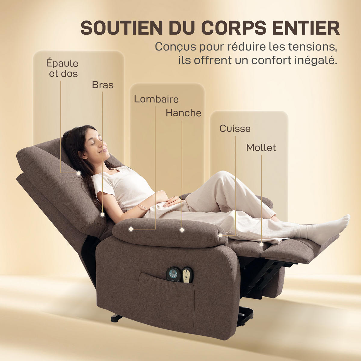 MASSAGESESSEL Braun mit Aufstehhilfe, Massagefunktion und Fernbedienung 93/83/108 cm - Braun, Naturmaterialien (93/108/83cm) - PANGIVO