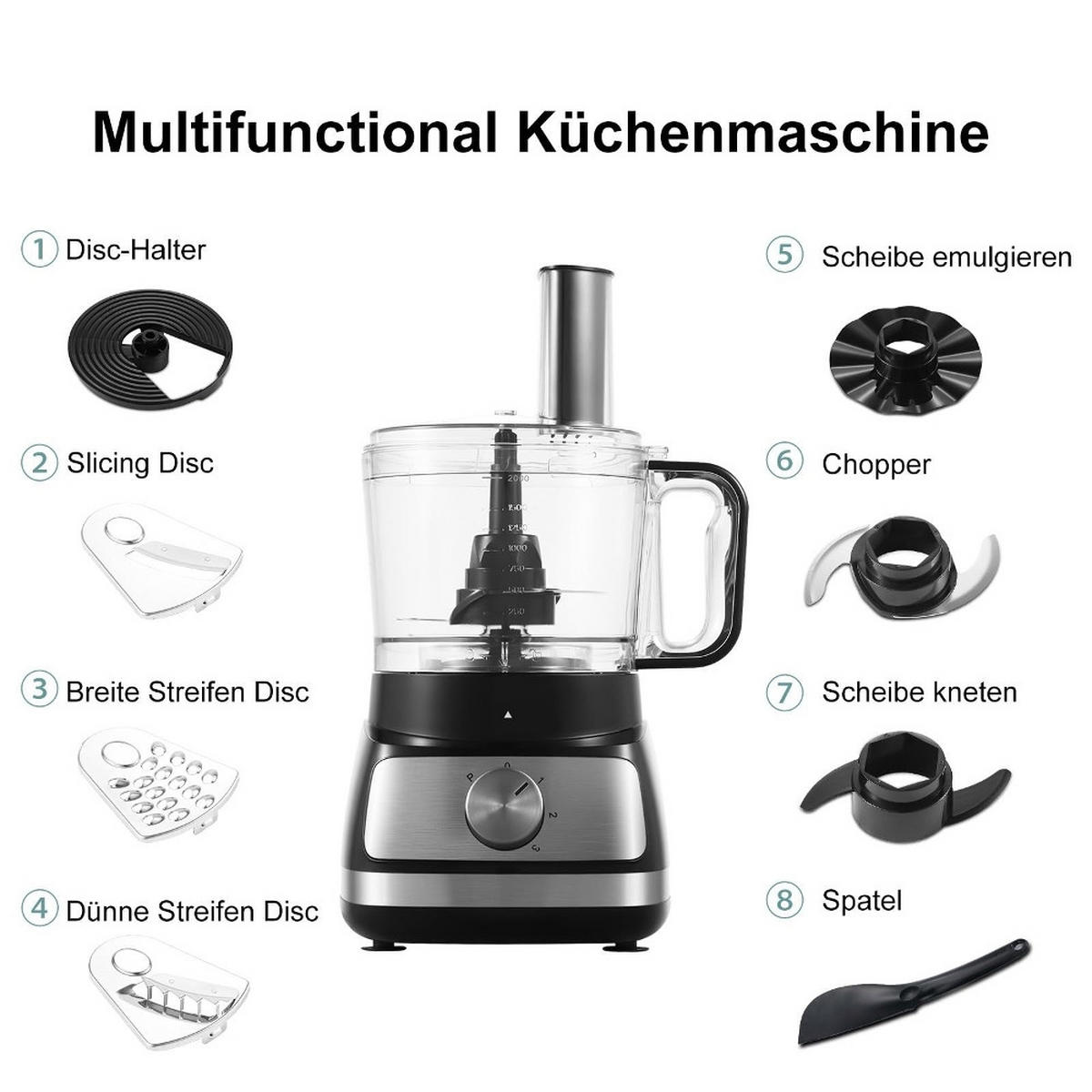 KÜCHENMASCHINE 6-in-1 , MULTIFUNKTIONAL, mit Zerkleinerer und Knethaken, Kunststoff und Edelstahl, für die Küche, 2 l - Silberfarben, Metall (26/28.3/39.52cm) - Rolipo