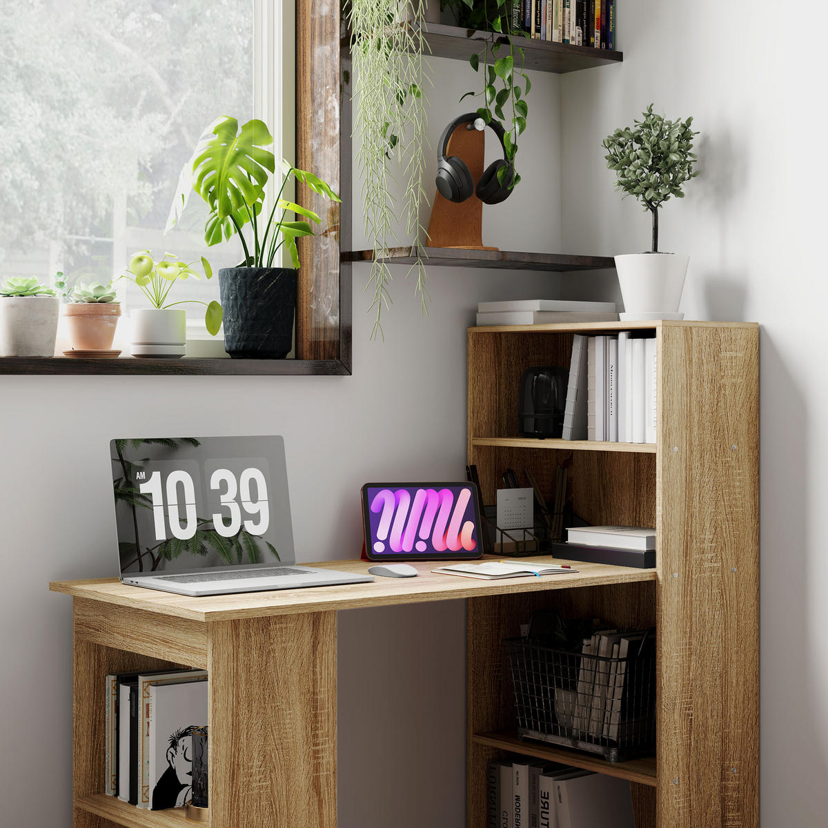 SCHREIBTISCH Eicheoptik und Weiß mit integriertem Regal 120/55/120 cm - Eichefarben, Holz (55/120/120cm) - PANGIVO