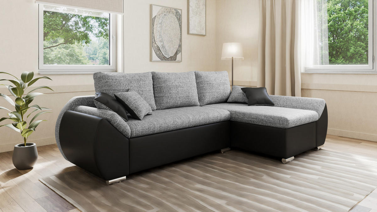 ECKSOFA - ALEX – Grau + Schwarz (Lawa 05 + Soft 11) - Rechts - Grau, Holzwerkstoff/Metall (275/155cm) - Möblo