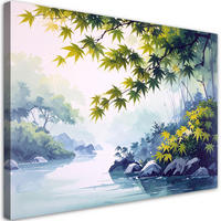 BILDER, Japanische Landschaft Ahornblätter Natur grün - Blau, Textil (60/40cm) - Feeby