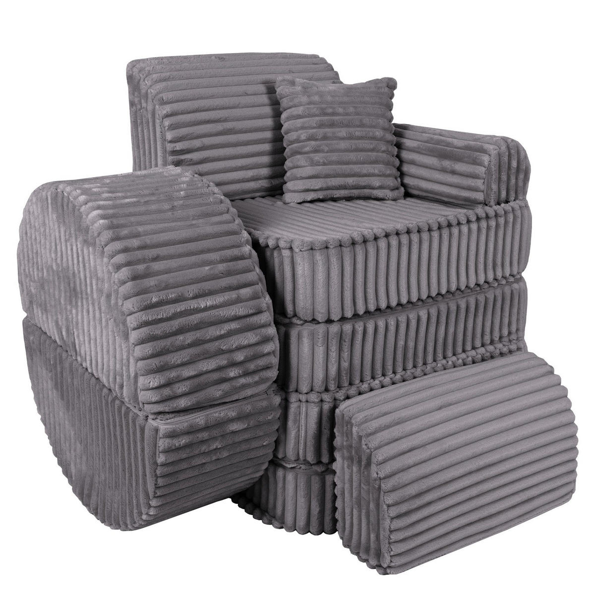 KINDERSOFA Pocket Max modular 12-tlg. aus Plüschcord in Taubengrau - Graphitfarben, Textil (120/25/60cm) - MeowBaby
