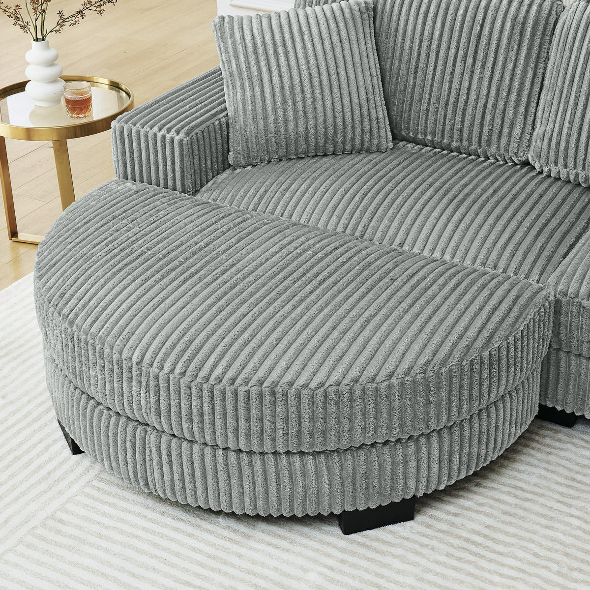 ECKSOFA mit ovalem Hocker und modularem Design aus Cord - Grau, Textil (256.5/133.5cm) - EVRYAE