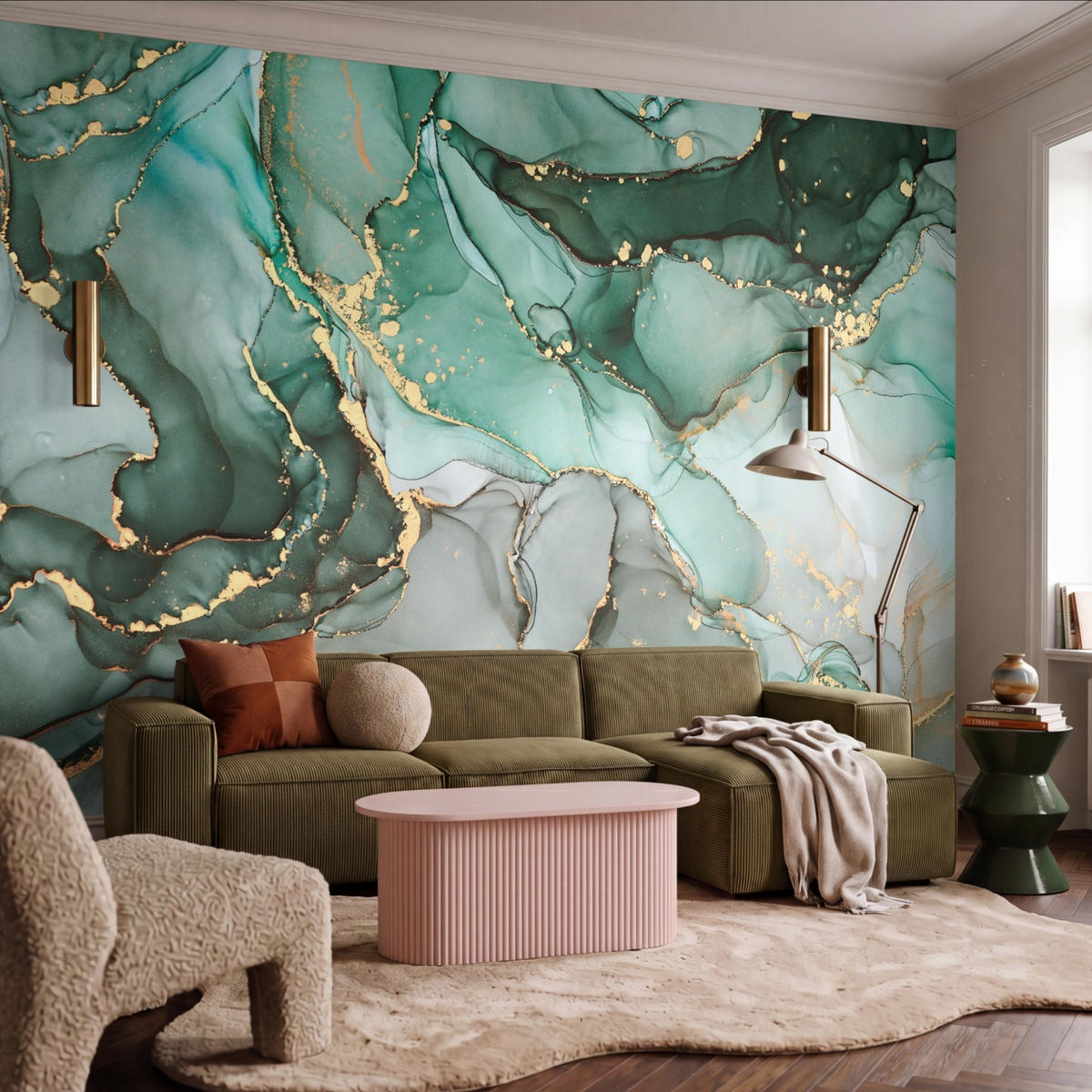 TAPETE - Gold - Marmor - Grün - Luxus - Marmoroptik - Grau - 400x300 cm - Grün, Papier (400/300cm) - OnlyWow