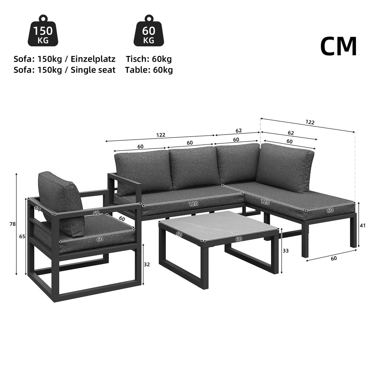 GARTENMÖBEL-SET 122/60/78 cm grau aus Metall und Polyester mit Kissen und Tisch - Grau, Metall - OKWISH