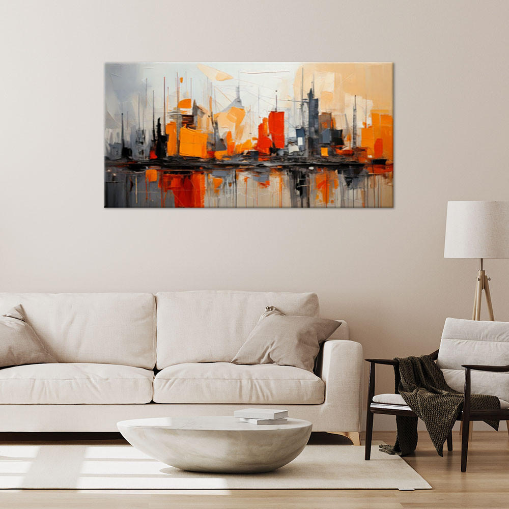 LEINWANDBILD Stadt Abstraktion Orange 100x50cm - Orange, Textil (100/50cm) - Feeby