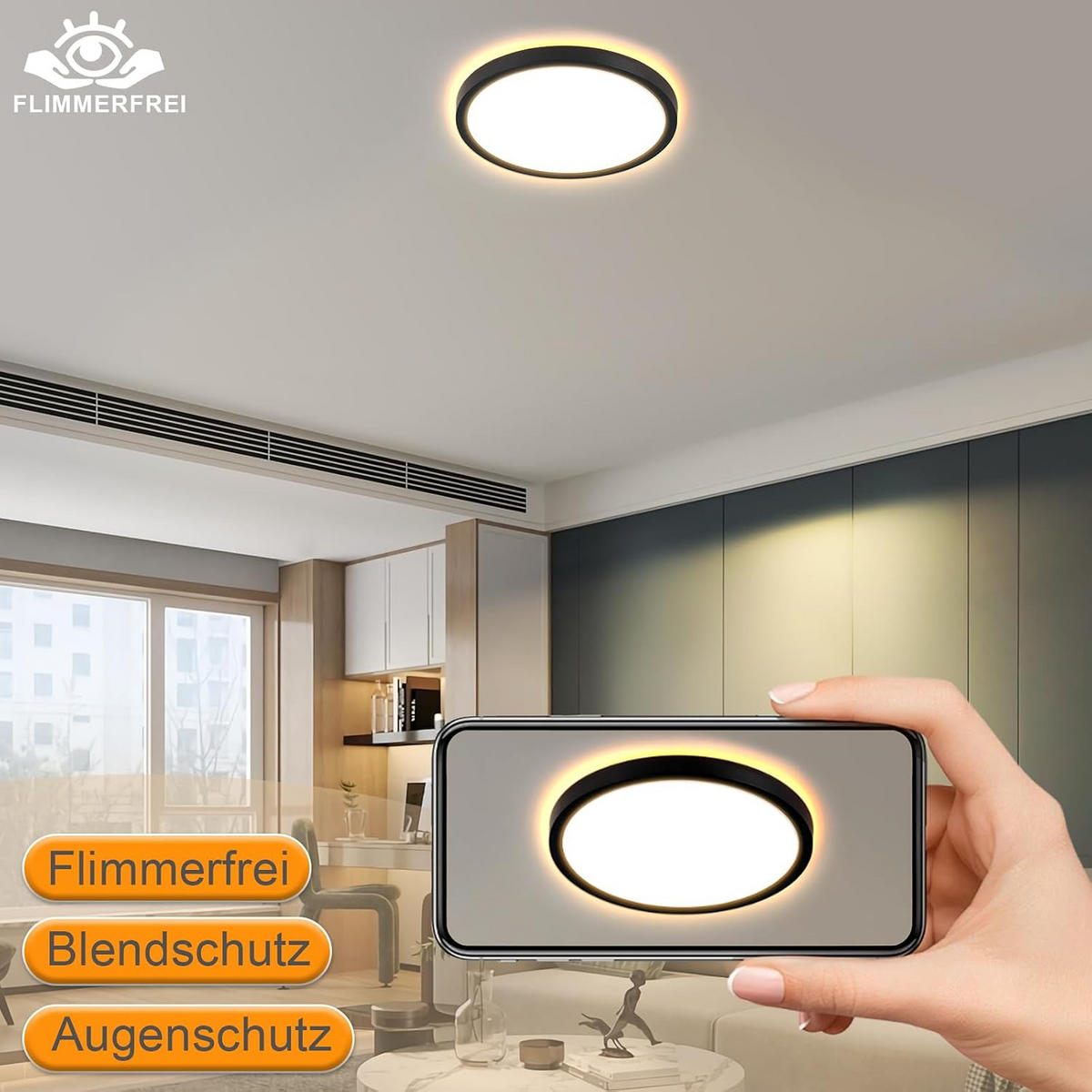 LED-DECKENLEUCHTE Dornwacht 22.0/2.6/22 cm - Schwarz, Kunststoff (22/22/2.6cm) - ZMH
