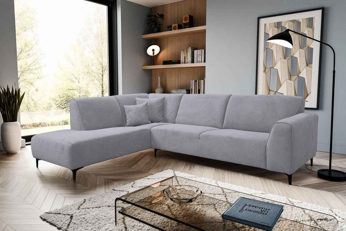 ECKSOFA Mula in L-Form, Coach Farbe: Hellgrau, Velourstoff, Ottomane Links - Hellgrau, Textil (210/274cm) - VENASI MÖBEL
