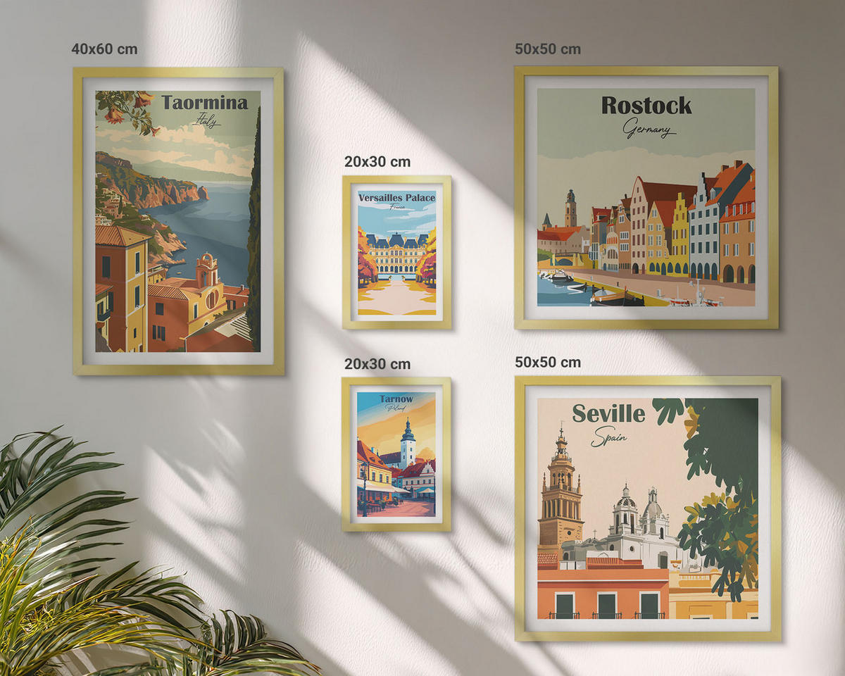 BILDER SET 5er Set - 50x50 cm & 20x30 cm & 40x60 cm Goldrahmen - Retro-Stadtgrafiken - Goldfarben, Kunststoff (40/60cm) - TULUP