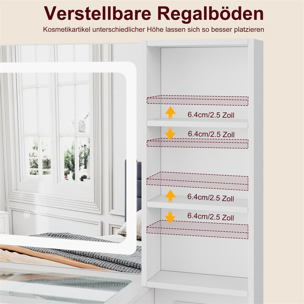 SCHMINKTISCH - Frisiertisch mit LED-Lichtspiegel und Ladestation - Glasplatte und Hocker - Weiß - Weiß, Holzwerkstoff (36/140/110cm) - DELFA