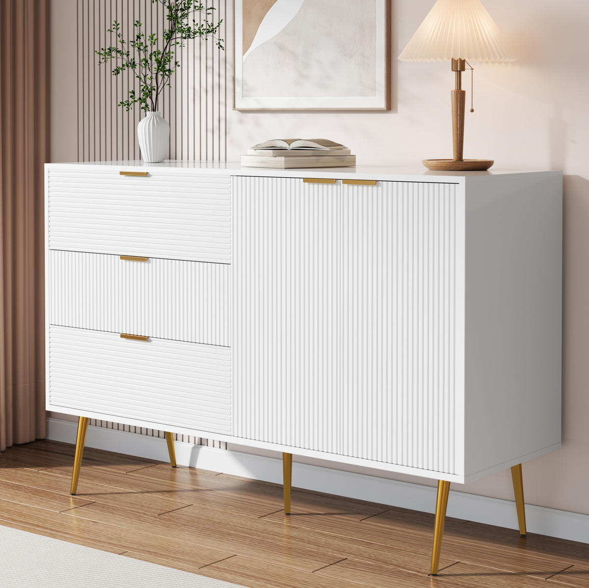 SIDEBOARD 120/38/80,5 cm mit 2 Türen, 3 Schubladen & goldfarbenen Details - Weiß, Holzwerkstoff (120/80.5/38cm) - BEAOK
