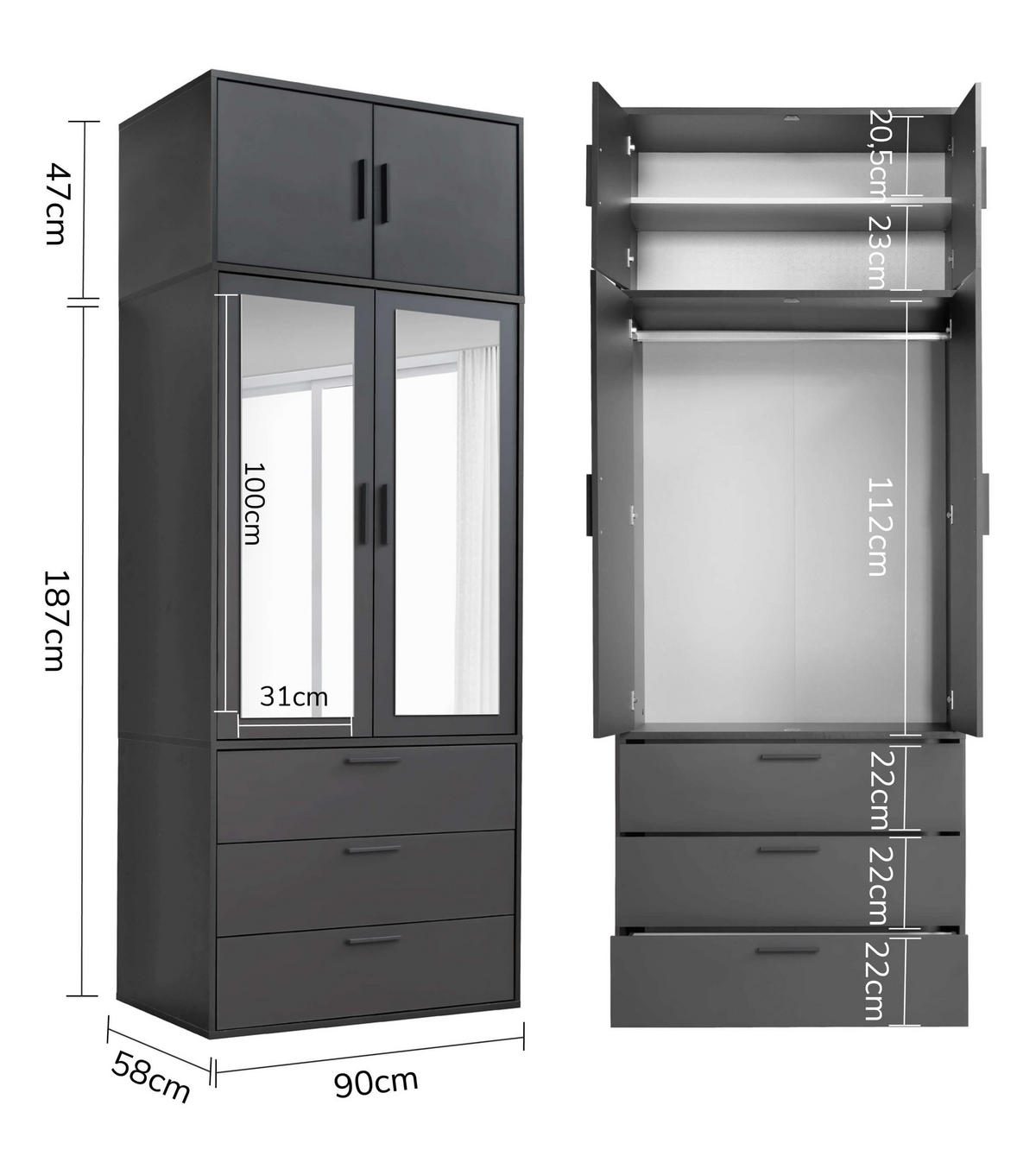 KLEIDERSCHRANK mit Spiegel Der Grenzenlose - Anthrazit, Holzwerkstoff (90/234/58cm) - Mokebo