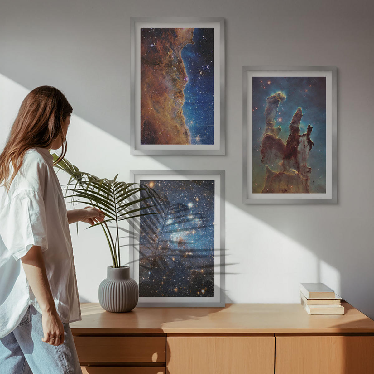 WANDBILDER 3er Set - 40x60 cm Silberner Rahmen - Weltraumlandschaften von Galaxien - Silberfarben, Kunststoff (40/60cm) - ArtPrintCave
