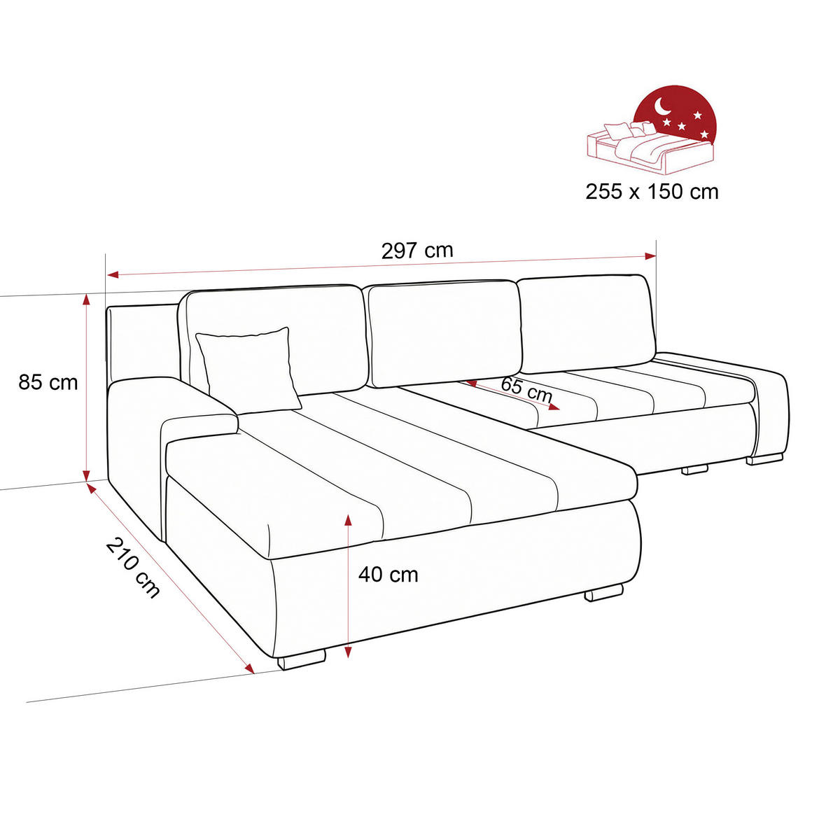 ECKSOFA VELANO mit Schlaffunktion und Bettkasten Schwarz/Rot - Rot, Holzwerkstoff/Kunststoff (250/90cm) - Idohome