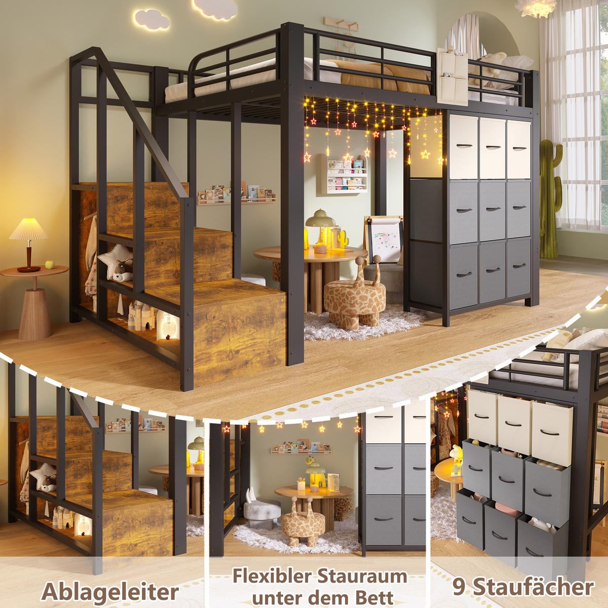 HOCHBETT 140/200 cm mit Schubladen, Kleiderstange, Stauraumtreppe und Geländer, aus Metall und MDF, Schwarz/Weiß - Schwarz, Holzwerkstoff (140/200cm) - Redom