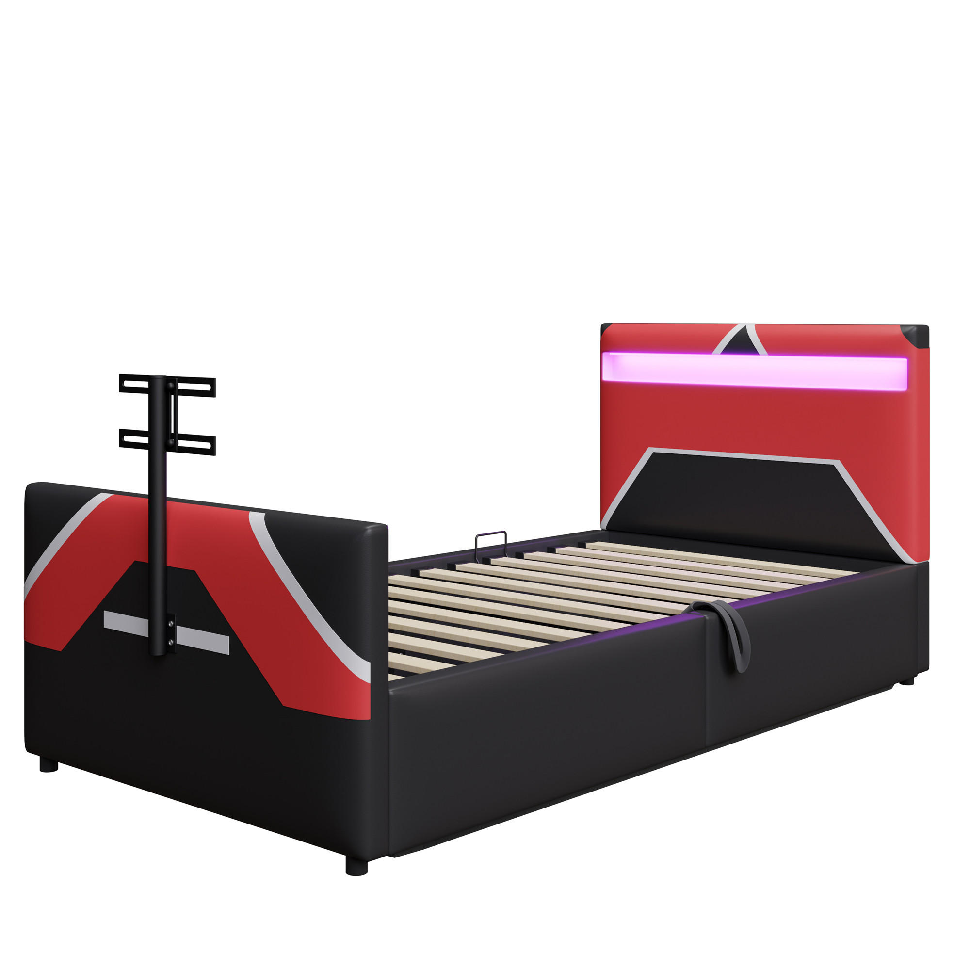 KINDERBETT 90/200 cm DE-02128, in Rot, mit LED, TV-Halterung und Hydraulik, im E-Sport-Stil - Rot, Metall (90/200cm) - ComfortXL